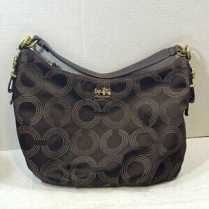 VTG Brown Coach Madison New York City, Dots Op Art Pattern, Sateen Hobo Bag VGUC